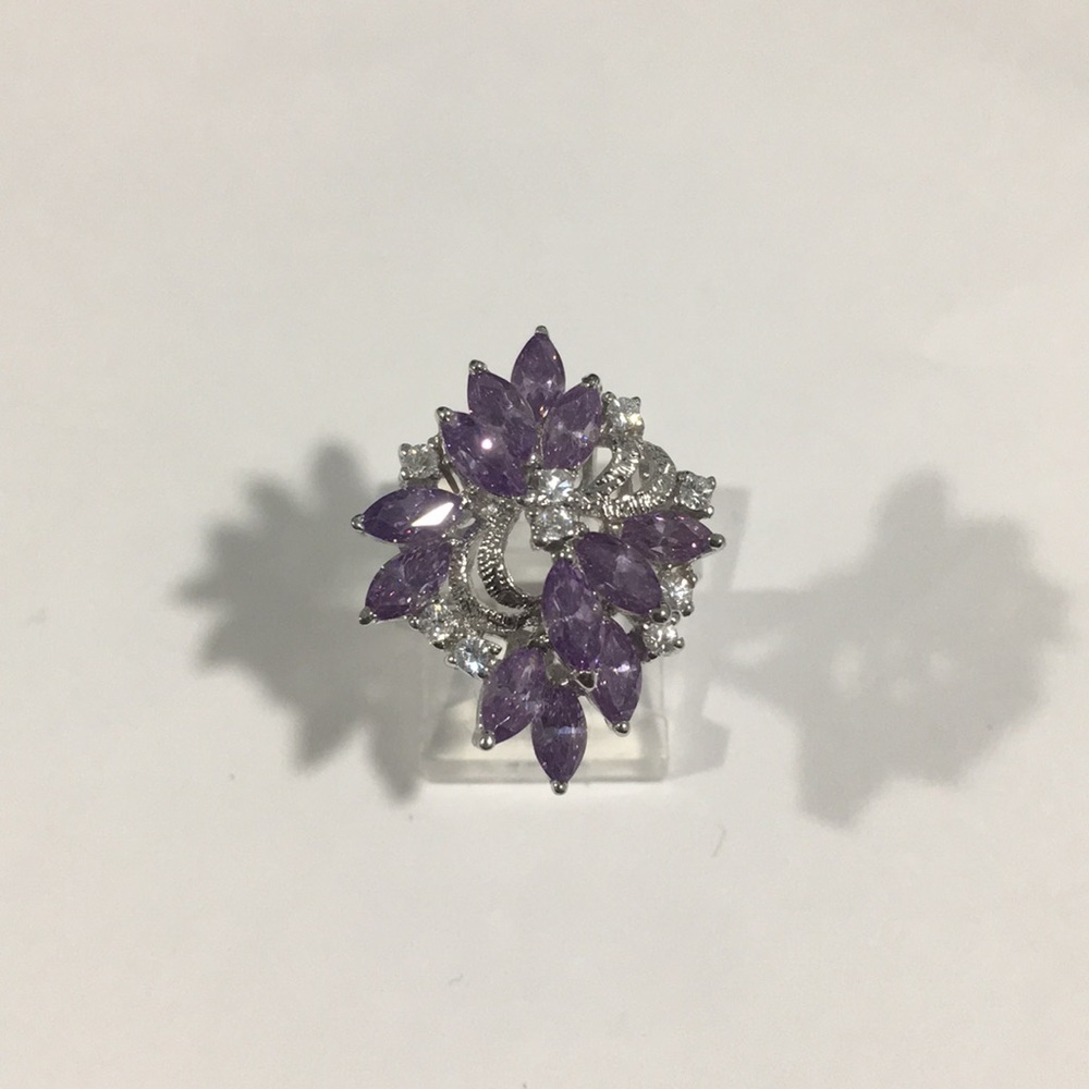 Silver 925 Cocktail Ring With Cz & Purple Stones
